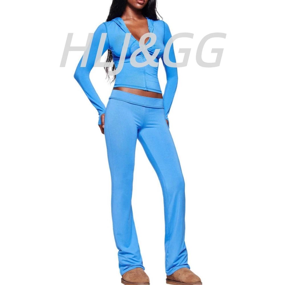 HLJ Fashion Ins Letter Print Hooded Two Piece Sets Women Zipper Long Sleeve Crop Top And Skinny Pants Outfit Y2K 2pcs Streetwear