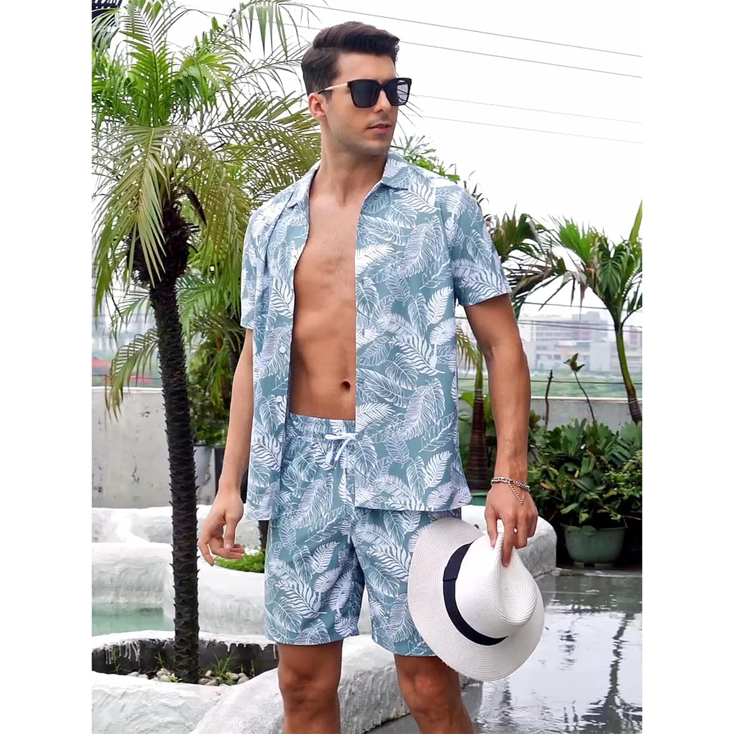 Men’s Hawaiian Shirt Shorts Set 2 Piece Tropical Print Short Sleeve Button Down Breathable Summer Beach Vacation MAGCOMSEN