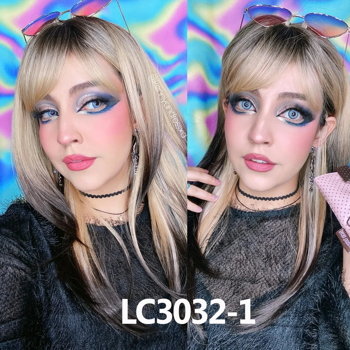 LOUIS FERRE Black Pink Ombre Synthetic Wigs for Cosplay Long Straight Layered Wigs with Bangs for Women Heat Resistant Fake Hair