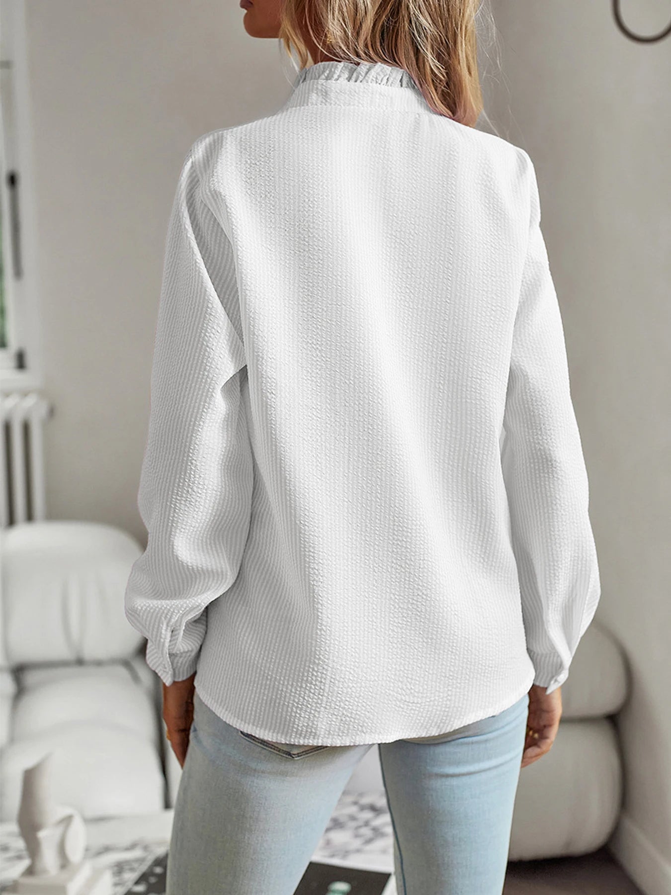 New Style 2024 temperament commuter blouse cardigan ruffled long-sleeved puffy-sleeved shirt blouse woman