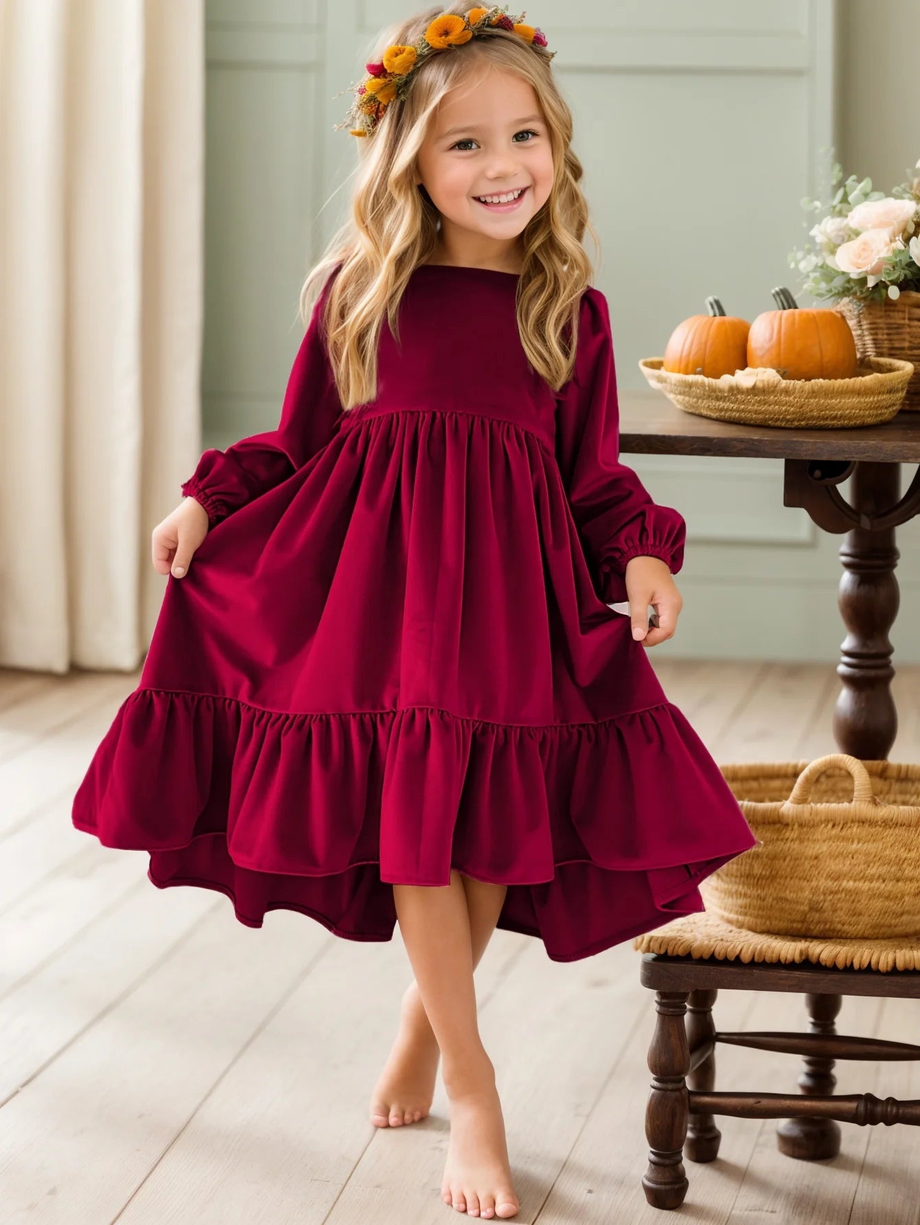 New 7-12 years Girls Spring Autumn Winter Velvet Long Sleeve Ruffle Hem Dress Princess Kids Party Dressess Children Clothing