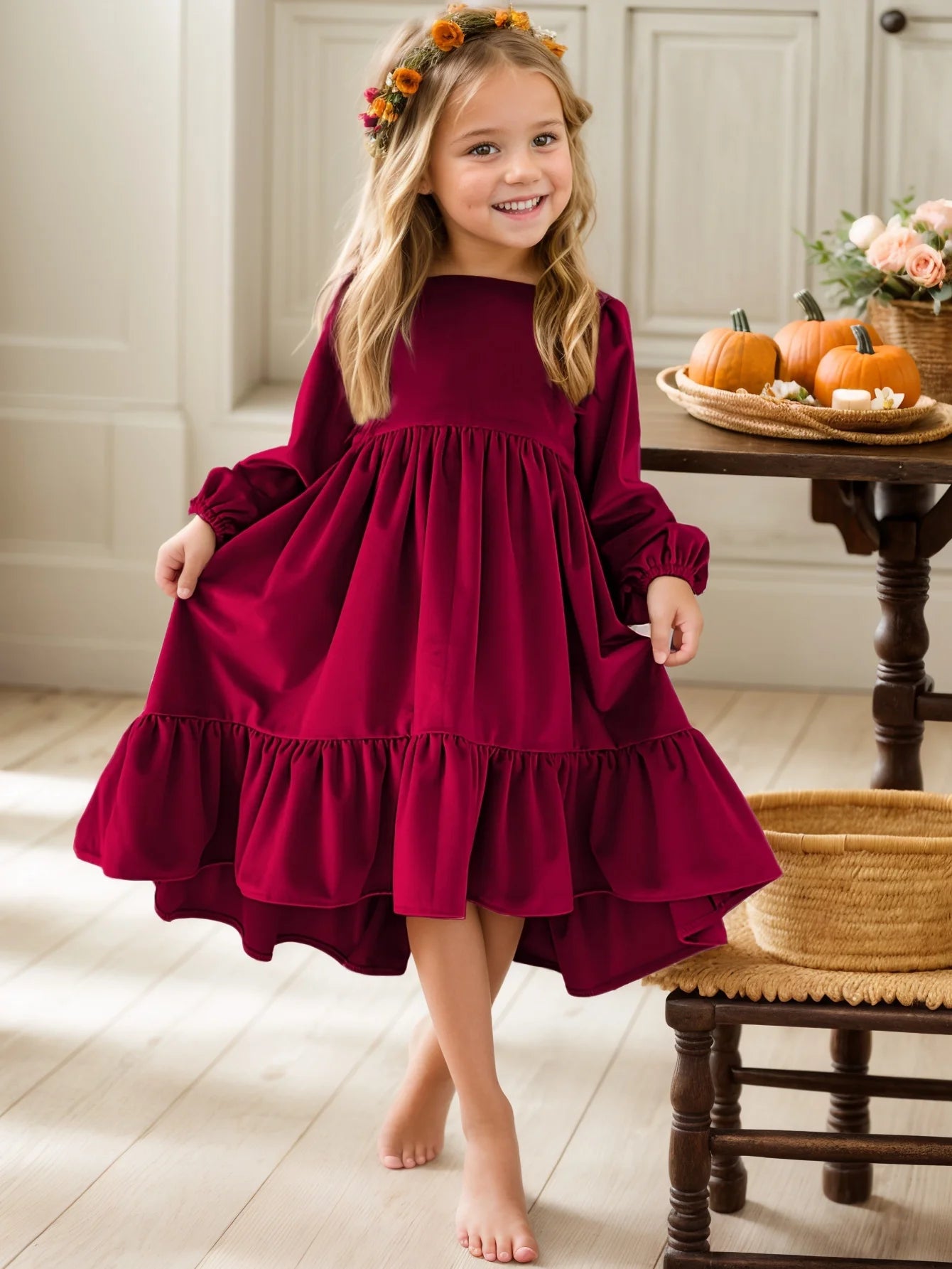 New 7-12 years Girls Spring Autumn Winter Velvet Long Sleeve Ruffle Hem Dress Princess Kids Party Dressess Children Clothing