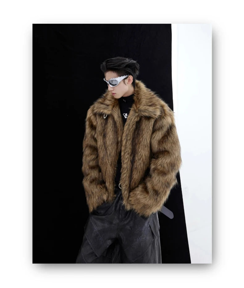 Mauroicardi Winter Short Thick Warm Brown Hairy Soft Faux Fur Coat Men with Turn-down Collar Long Sleeve Fluffy Jackets 2024