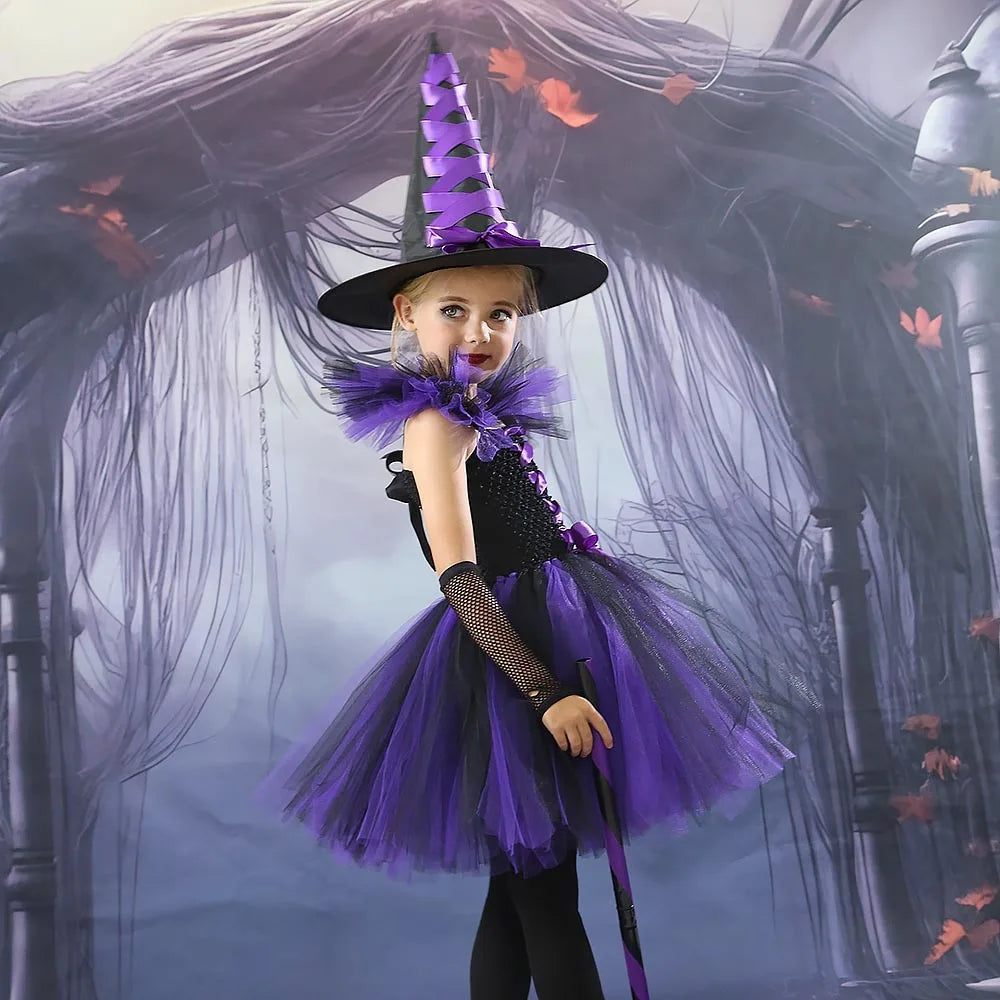 Halloween New Witch Dress Cosplay Costume Dress for Girl Carnival Party Dress Hat Broom Fancy Clothes Suit