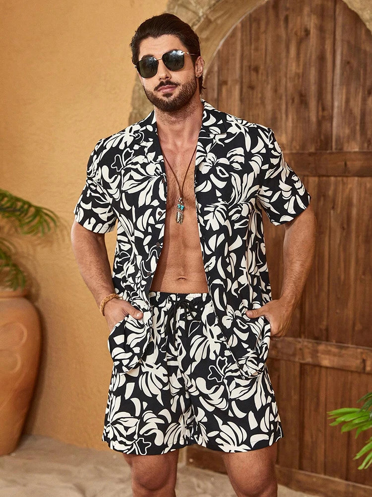 Hawaii Shirt Set Mens Yellow Duck Print Fashion Pattern Summer Fashion Casual Daily Large Button Down Shirt Shorts Two Piece Set