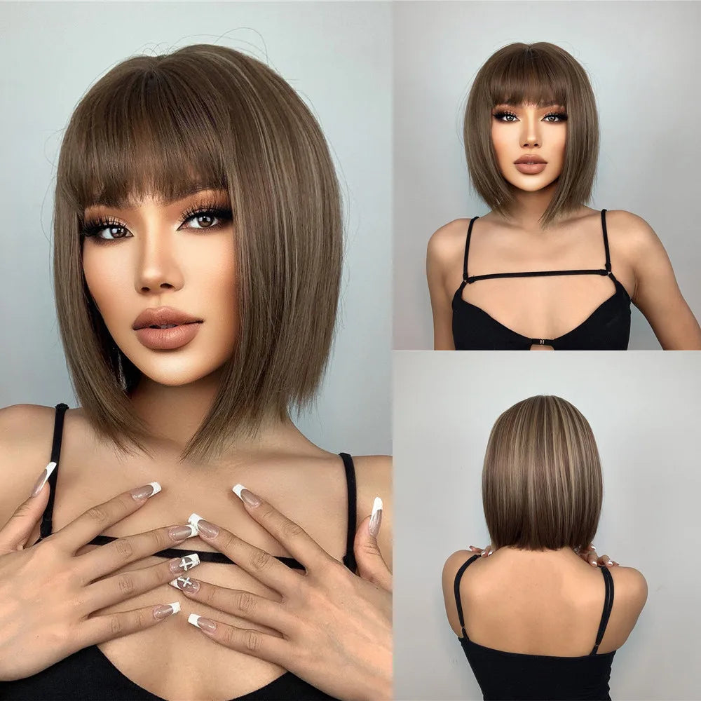 ALAN EATON Layered Synthetic Wigs with Bangs Straight Short Highlights Blonde Hair Wig with for Women Natural Daily Cosplay Wigs