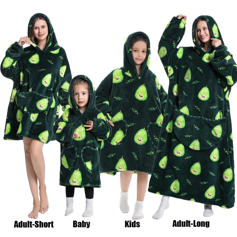 Extra Long Winter Hoodies Sherpa TV Blanket Plush Fleece Family Matching Outfits Sweatshirts Avocado Dinosaur Homewear Oversized
