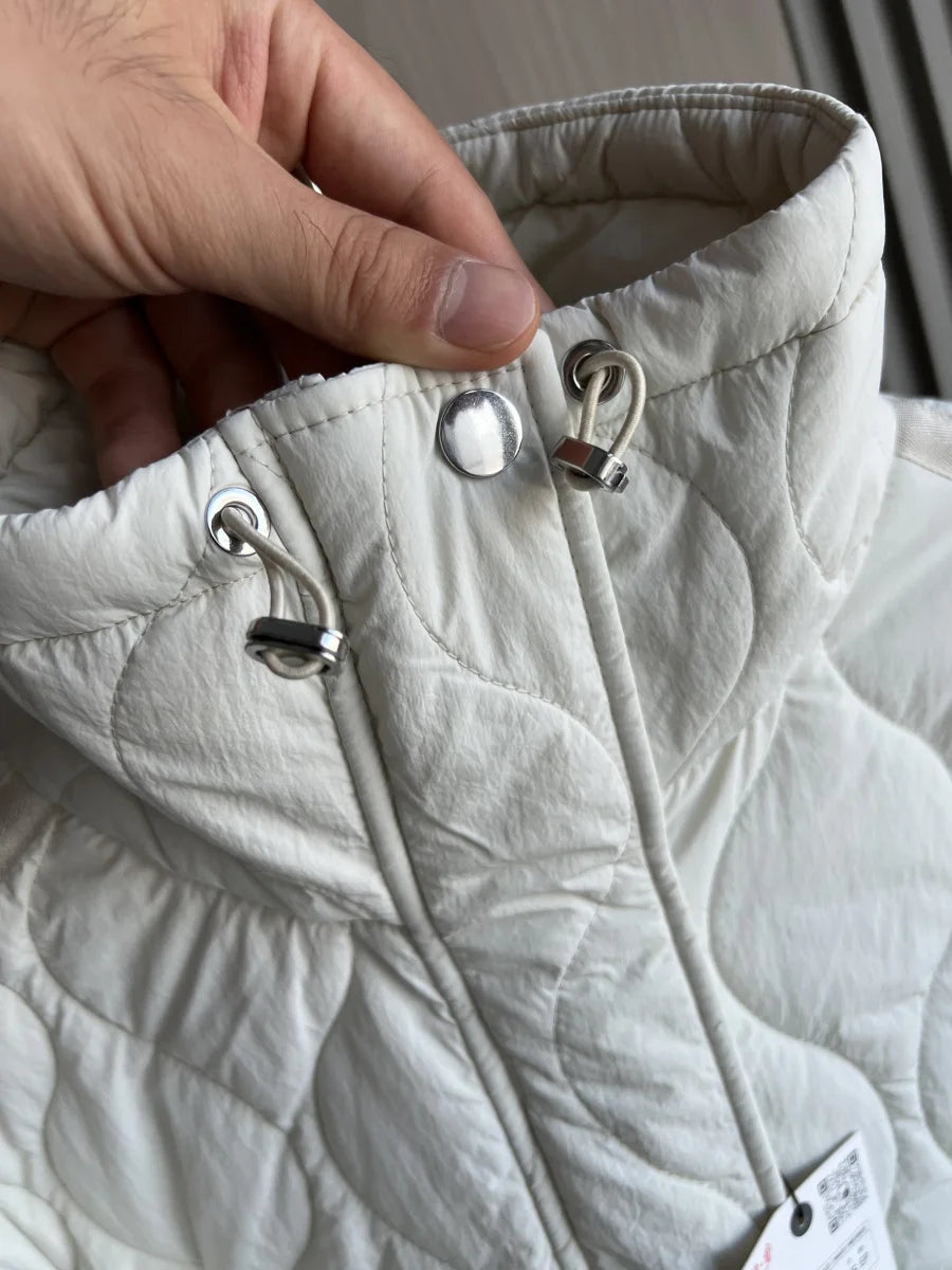 Quilted coat for women ETJ 2025 QUILTED JACKET WITH TIES new beige drawstring high neck pocket clip cotton jacket for women