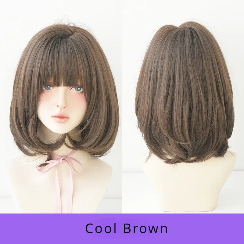 Pixie Cut Wigs Synthetic Short Straight Pink Brown Bob Wigs with Dark Roots High Density Layered Hair Wigs with Curtain Bangs