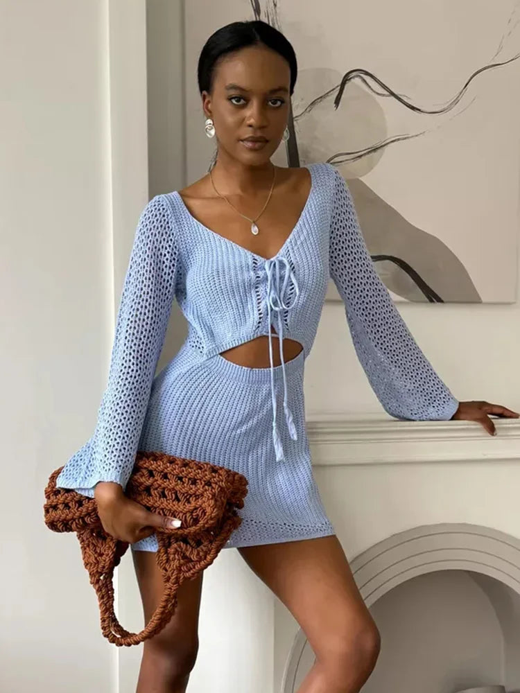 2024 Women Solid Knitted Cut Out Swimwear Cover Up Sexy V-neck Lace-up Bell Sleeve Beach Mini Dress Summer Holiday Outfits A3096