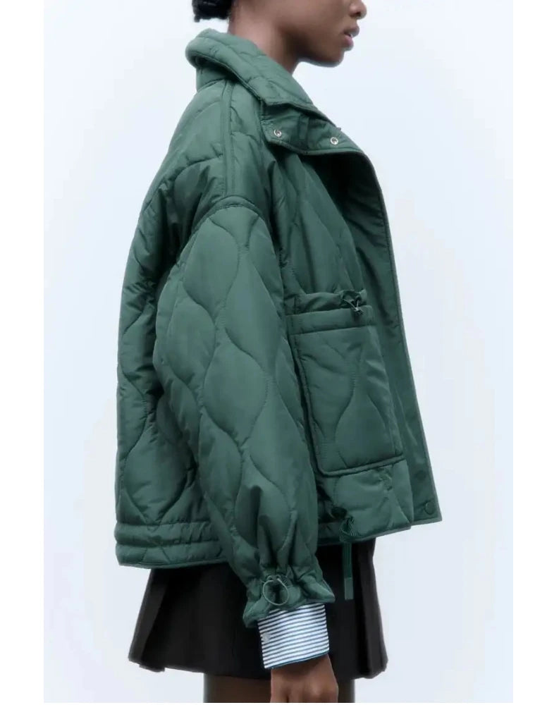 Quilted coat for women ETJ 2025 QUILTED JACKET WITH TIES new beige drawstring high neck pocket clip cotton jacket for women