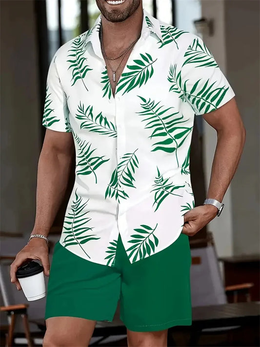 Men's Hawaii Shirt Set Men's 3D Printed Short Sleeve Shirt Shorts Two Piece Summer Beach Lapel Shirt Set Unisex Casual Clothing