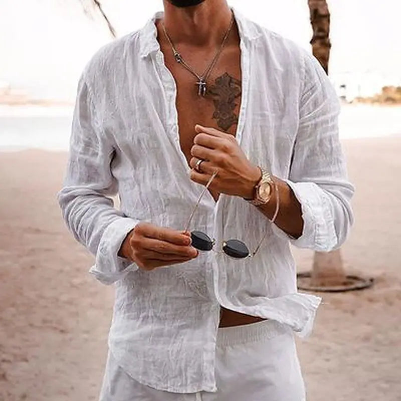 Men's Summer Shirt Casual Lightweight Solid Color Loose Single Breasted Lapel Cotton Linen Long Sleeve Shirt Vacation Beach Tops
