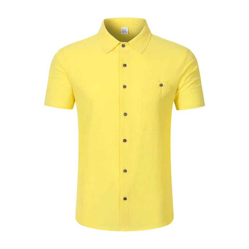 Men's Casual Linen Blend Shirt Short Sleeve Turn Down Collar Button Up Lightweight Breathable Beach Tunic Tops
