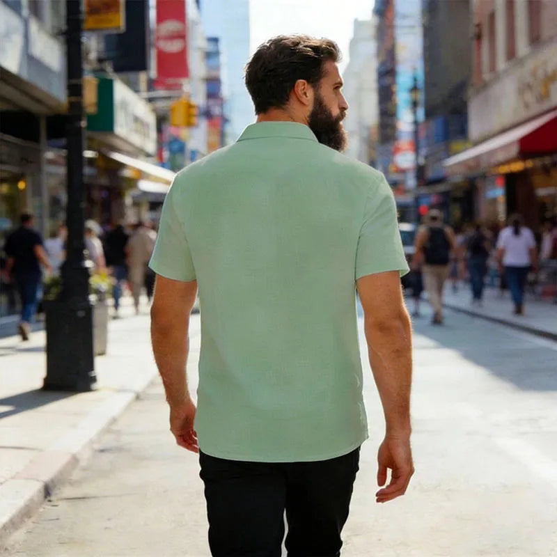 Men's Casual Linen Blend Shirt Short Sleeve Turn Down Collar Button Up Lightweight Breathable Beach Tunic Tops