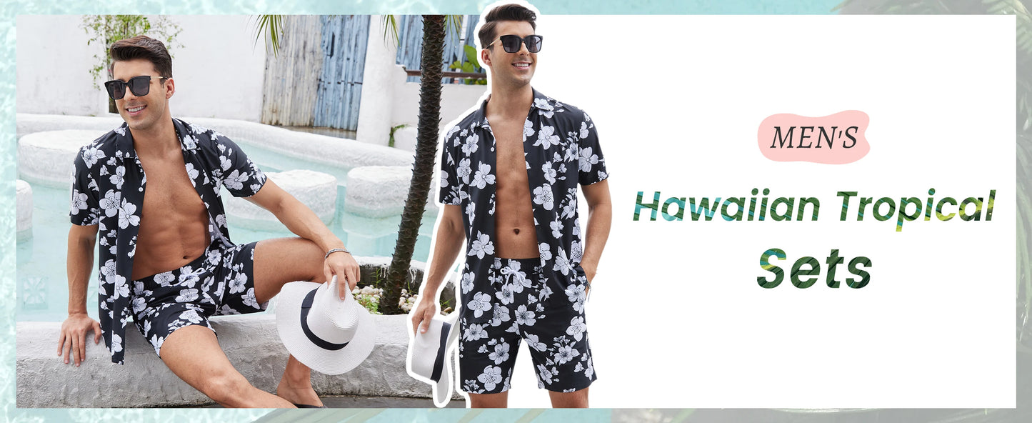 Men’s Hawaiian Shirt Shorts Set 2 Piece Tropical Print Short Sleeve Button Down Breathable Summer Beach Vacation MAGCOMSEN
