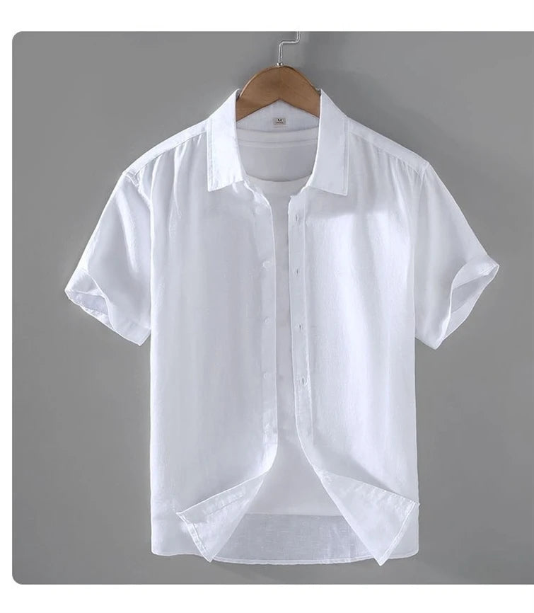 Men's Cotton Linen Short-Sleeved Shirt Summer Streetwear Plain Color Stand Collar Casual Beach Style plus Size M-3XL