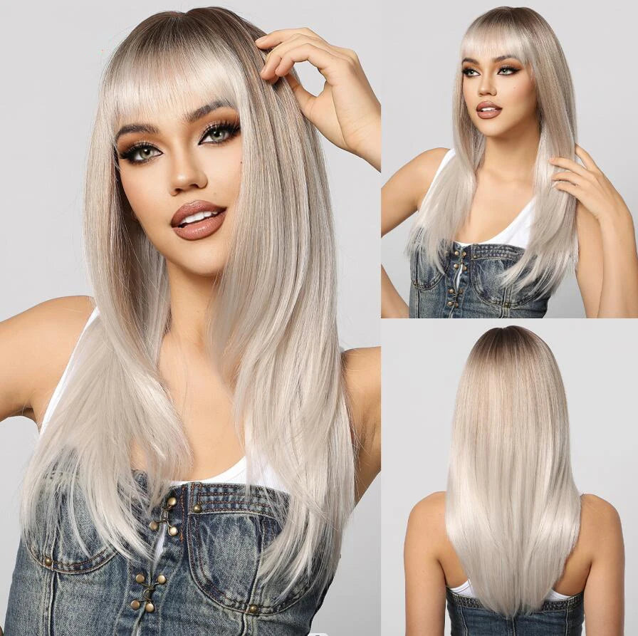 LOUIS FERRE Black Pink Ombre Synthetic Wigs for Cosplay Long Straight Layered Wigs with Bangs for Women Heat Resistant Fake Hair