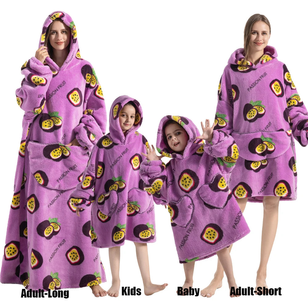 Extra Long Winter Hoodies Sherpa TV Blanket Plush Fleece Family Matching Outfits Sweatshirts Avocado Dinosaur Homewear Oversized