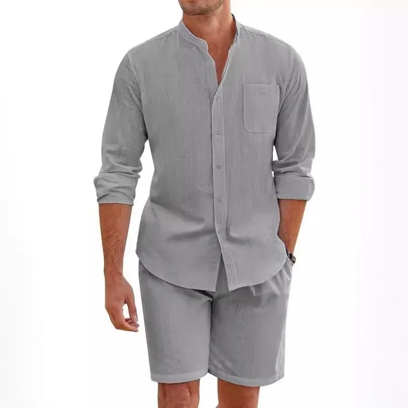 2025 Men's Two-piece Sets Cotton and Linen Comfortable Button Shirt Long Sleeve Shorts Cardigan Simple Casual Beachwear