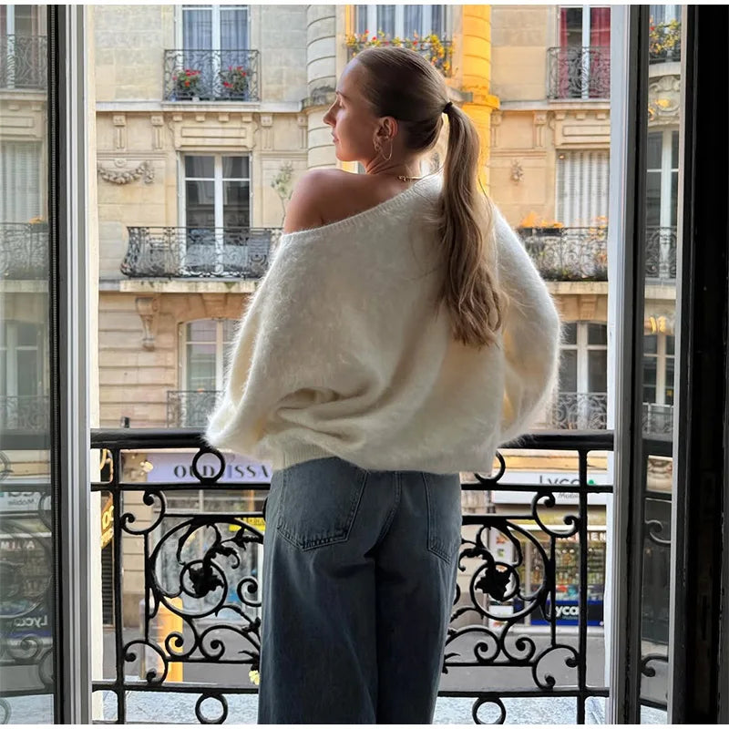 Women Solid Off Shoulder Pullover Fashion Classic Full Sleeve Loose Knitted Mohair Knitwear Lady High Street Autumn Sweaters