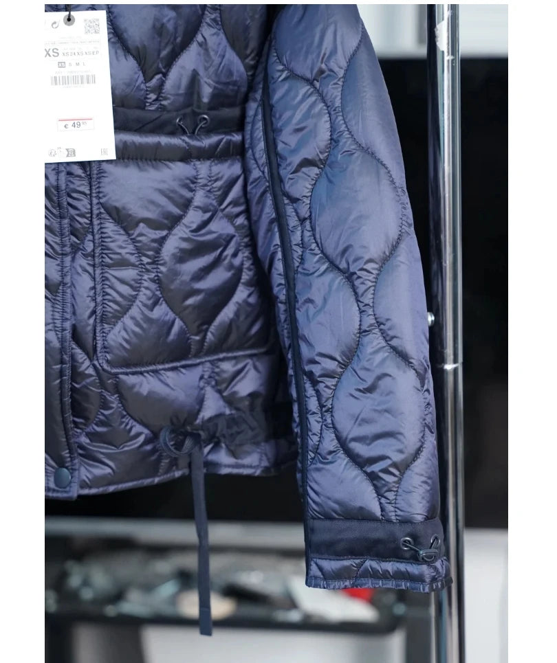 Quilted coat for women ETJ 2025 QUILTED JACKET WITH TIES new beige drawstring high neck pocket clip cotton jacket for women