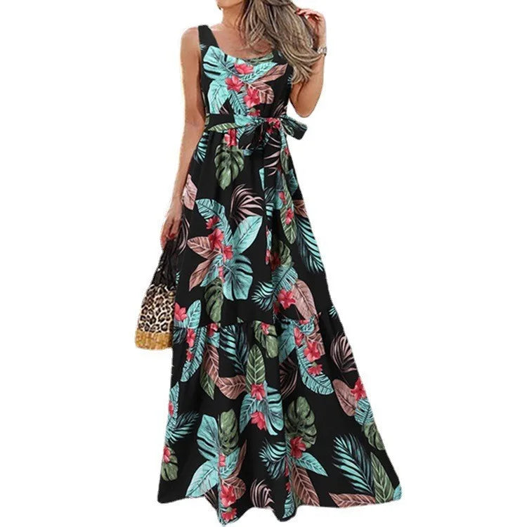 Summer Flower Print Sleeveless Long Dresses Women Elegant Casual Vacation Style Dress O Neck High Waist Leace-up Maxi Vestidos