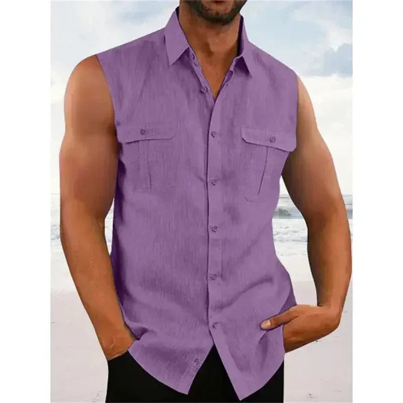 New Men's Sleeveless Shirt Summer Solid Color Comfort Casual Collar Beach Style Plus Size Men's Shirt