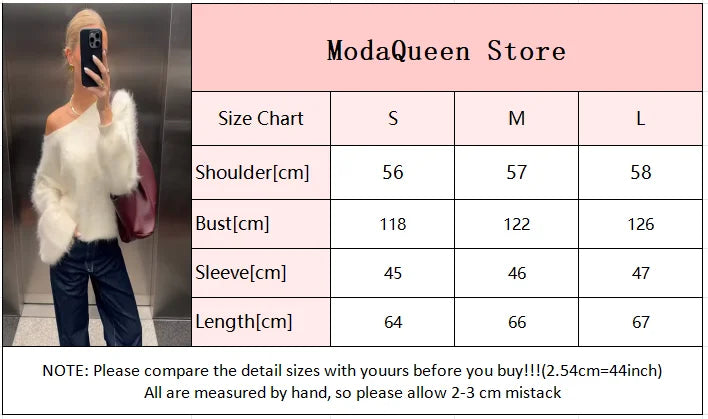 Women Solid Off Shoulder Pullover Fashion Classic Full Sleeve Loose Knitted Mohair Knitwear Lady High Street Autumn Sweaters