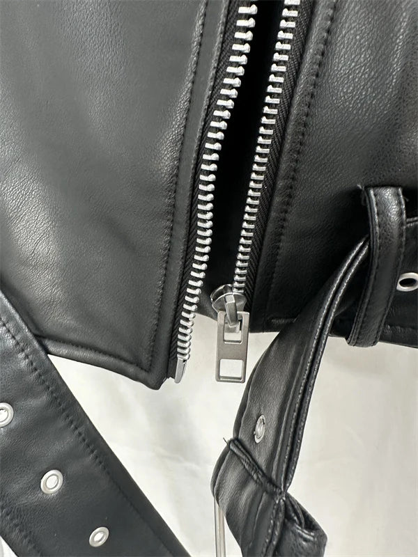 2025New Coal graysty le Women's washed leather jacket with belt, short coat with downgraded zipper and vintage lapel jacket