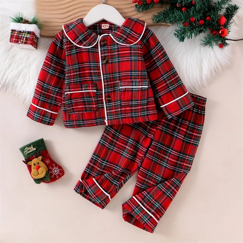 FOCUSNORM 0-5Y Autumn Winter Kids Girls Boys Christmas Pajamas Clothes Sets Plaid Print Turn Down Collar Shirts+Pants