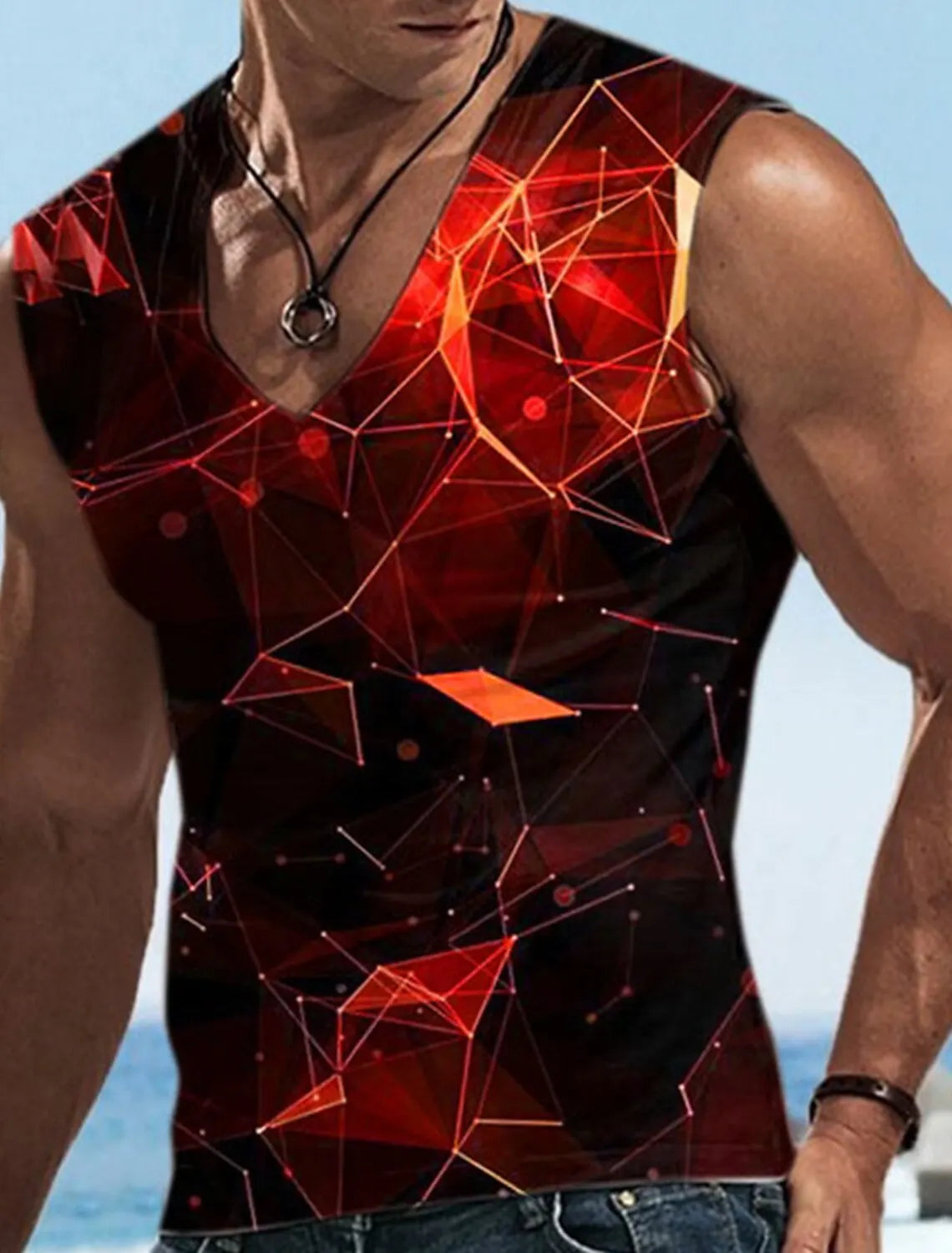 Men\'s Vest Sleeveless T Shirt Patterned Spliced Flame Shirt Casual Muscle V Neck Clothing 3D Printed Sports Running Fitness