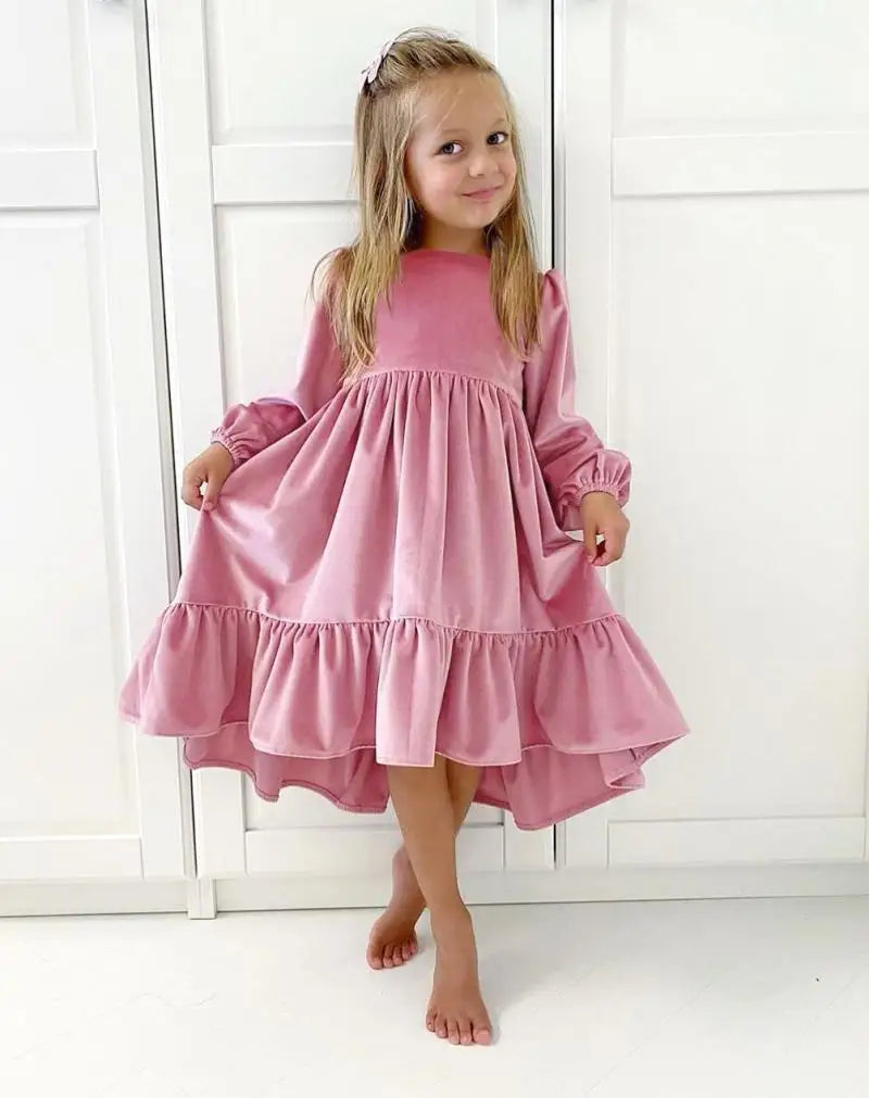 New 7-12 years Girls Spring Autumn Winter Velvet Long Sleeve Ruffle Hem Dress Princess Kids Party Dressess Children Clothing