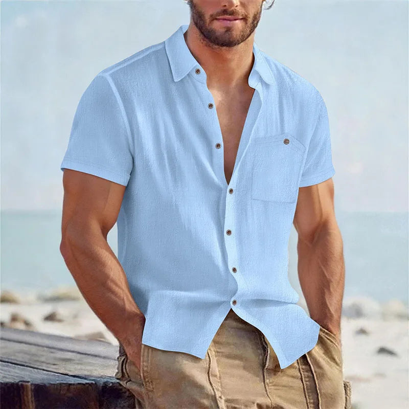 Men's Casual Linen Blend Shirt Short Sleeve Turn Down Collar Button Up Lightweight Breathable Beach Tunic Tops