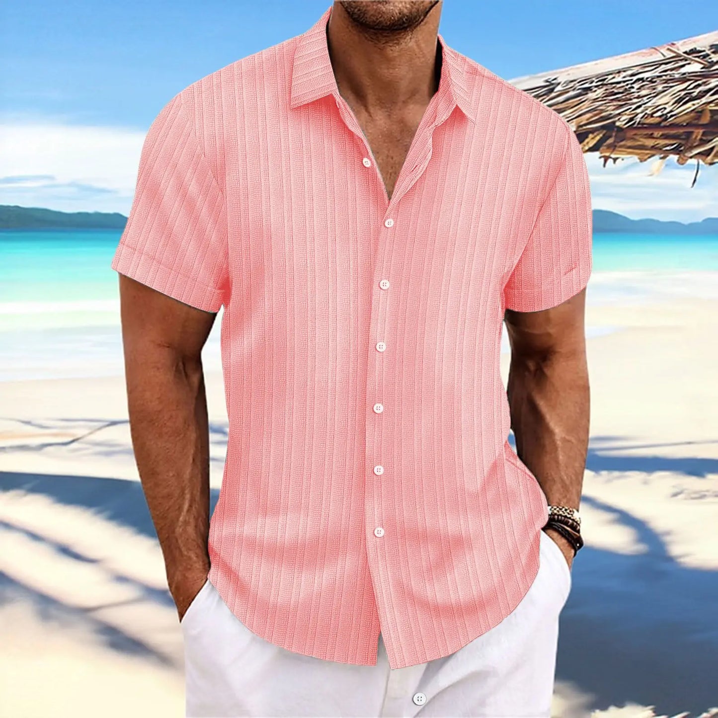 Simple And Versatile Summer New Men's Cotton And Linen Striped Jacquard Shirt Casual Comfortable Loose Short-Sleeved Shirt