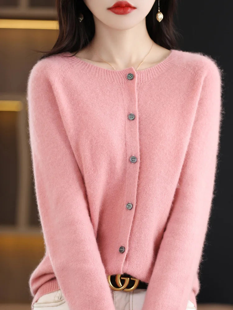 Long Sleeve 100% Merino Wool Sweaters Cashmere Cardigan Spring Autumn Women O-Neck Knitwear Tops Clothing Fashion Basic Tops