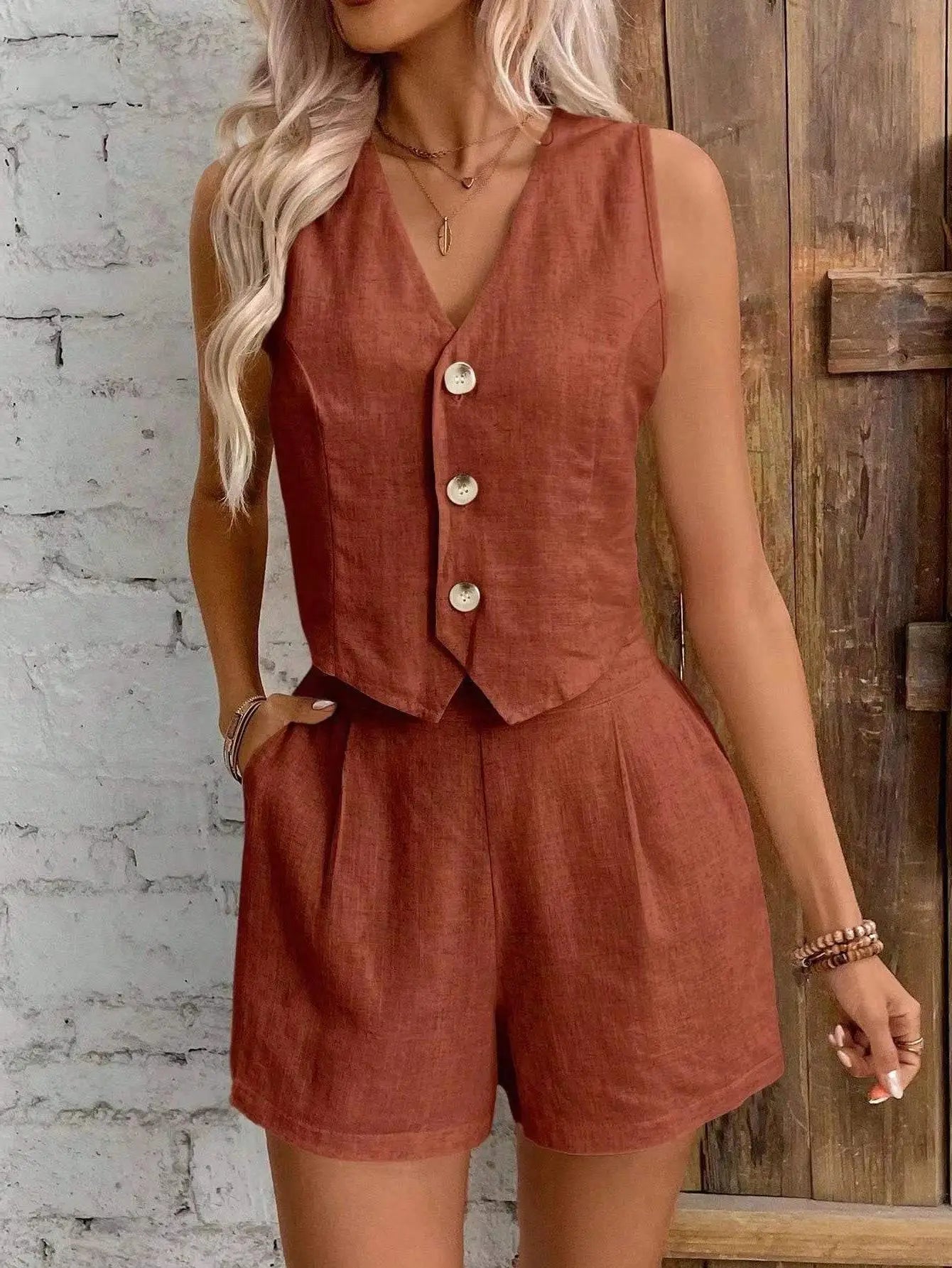 2026 Women's Solid Casual Two Piece Sets Fashion Sexy V-neck Sleeveless Vest Tops and Shorts Suit Women Summer Cotton Linen Sets