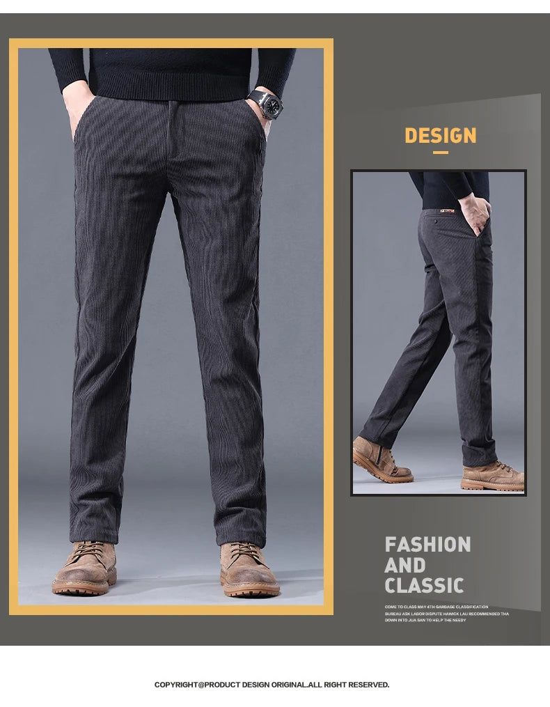 Khaki Black Gray Fleece Men's Corduroy Casual Pants Chenille Thick Stretch Business Trousers Mid-rise Brand Winter Thermal Pants