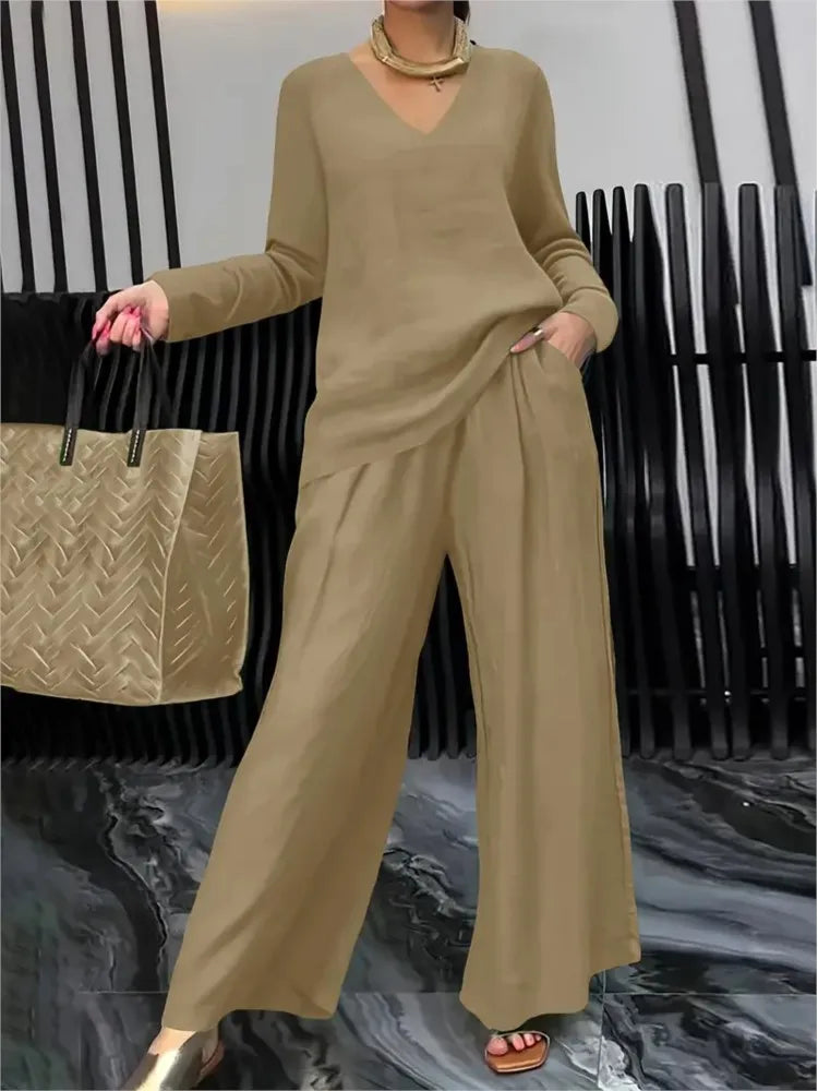 Solid Color Casual V-neck Trousers Women's 2piece Set Spring Autumn New Fashion Pocket Straight Trousers Female Office Suit 2025