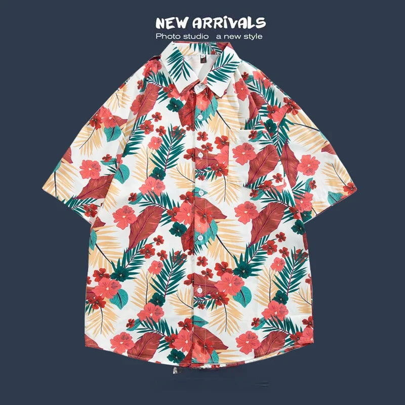 Hawaiian Print Loose Fit Short Sleeve Men's Shirt Thai Style Restaurant Casual Fashion Beach Vacation Shirt Polyester Quick Dry