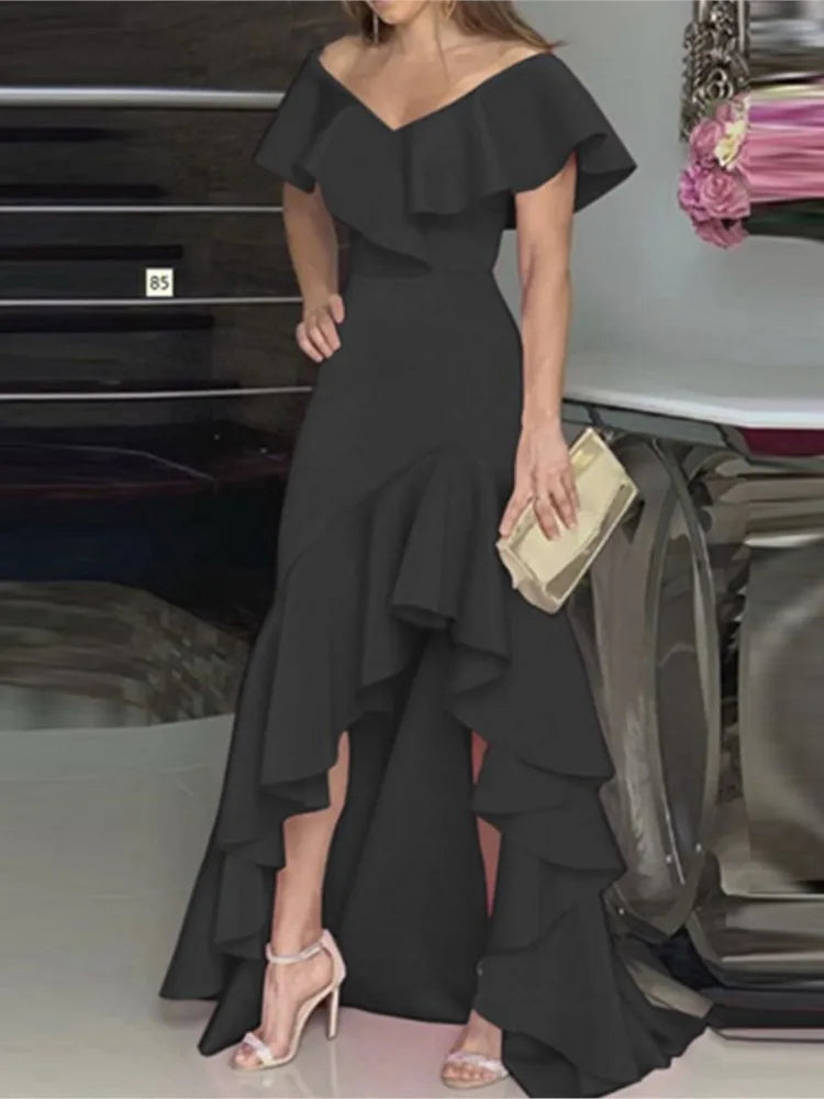 Fashion Evening Dresses Sexy V-Neck Elegant Party Irregular Solid Color Hem Ruffle Women Maxi Dress Short Sleeve Floor Length