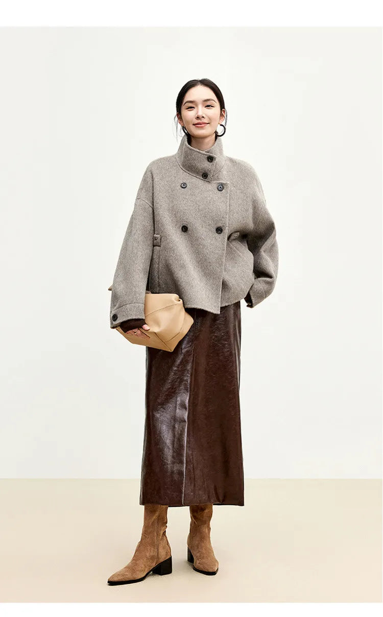 SENTUBILA 100% Wool Coats For Women Winter Jackets 2025 Stand Turtleneck Double Sided Short Outerwears Female Clothes W44O56626