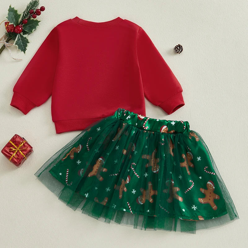 Infant Girls 2-Piece Holiday Set with Long Sleeve Gingerbread Sweatshirt and Tulle Skirt - Festive Baby Clothing for Christmas