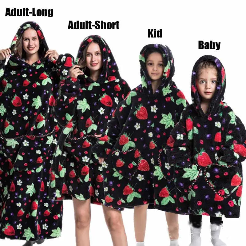 Extra Long Winter Hoodies Sherpa TV Blanket Plush Fleece Family Matching Outfits Sweatshirts Avocado Dinosaur Homewear Oversized