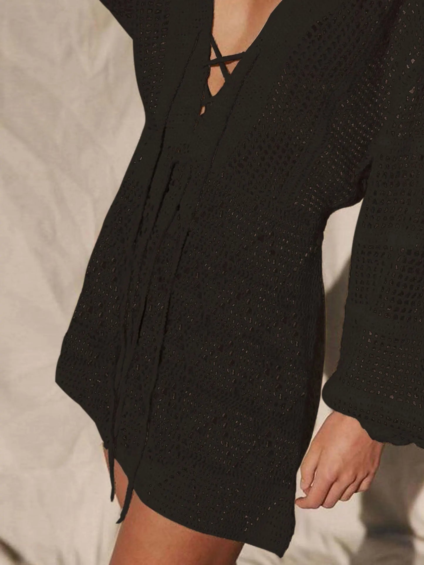 Sexy Deep V-neck Lace-up Bell Sleeve Knit Mesh Hollow Out Beach Mini Dress 2025 Summer Swimsuit Cover Up Women Casual Tunic K14