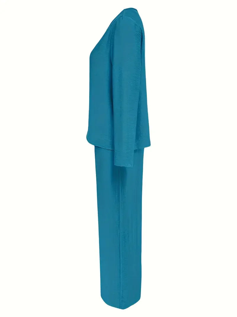 Solid Color Casual V-neck Trousers Women's 2piece Set Spring Autumn New Fashion Pocket Straight Trousers Female Office Suit 2025