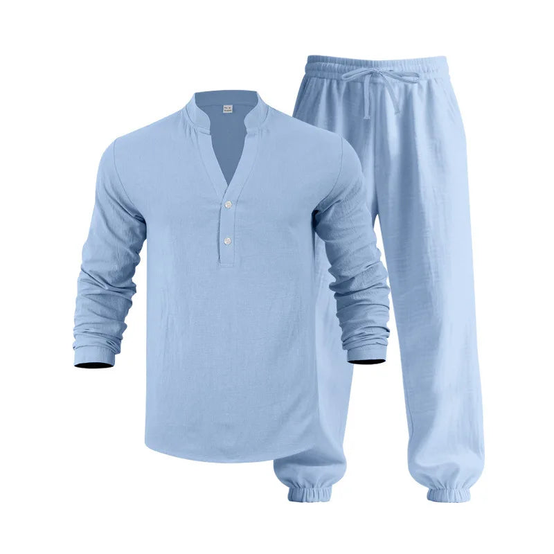 American loose linen set for men autumn Hawaiian home commuter thin Henry shirt long sleeve pants set