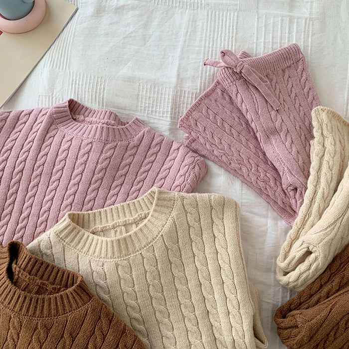 Autumn Spring Korean Style Kids Knitted Clothing Set Long Sleeved Solid Color Knitted Pullover+Pants Baby Girl Clothes Suit
