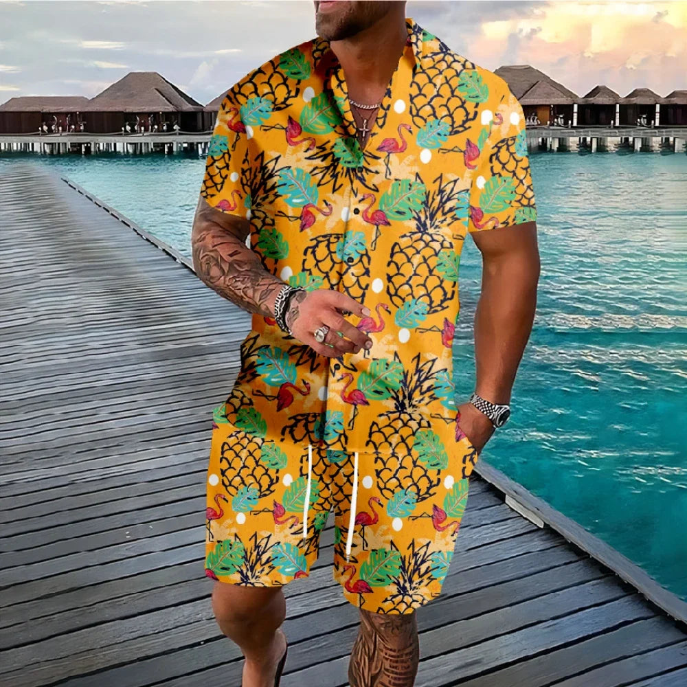 Hawaiian Flamingo Coconut Tree 3d Print Short Sleeve Shirt+Shorts 2Pcs Set Casual Beachwear Vacation 2 Piece Suits Men Clothing