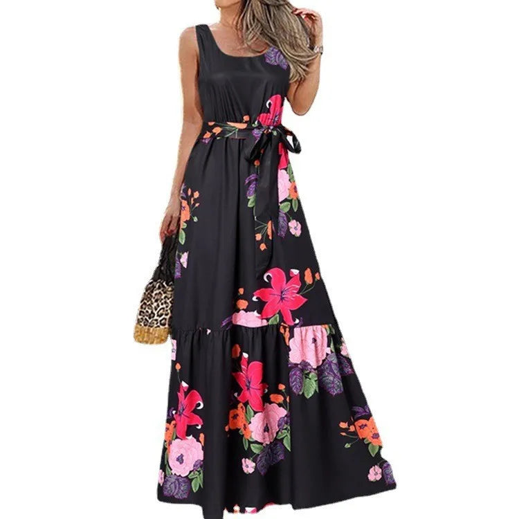 Summer Flower Print Sleeveless Long Dresses Women Elegant Casual Vacation Style Dress O Neck High Waist Leace-up Maxi Vestidos